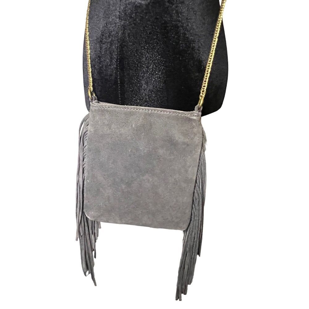 Ecote Suede Fringe Crossbody Bag Chain Strap Gray - Picture 4 of 7